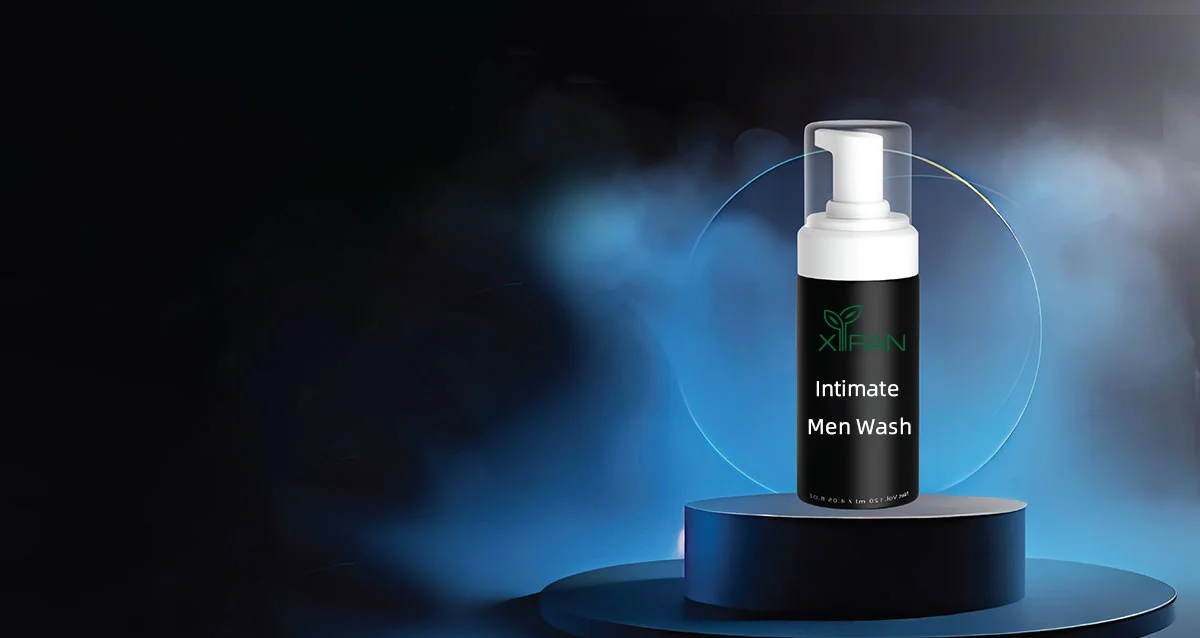 Intimate men wash bottle placed on a pedestal with a dark blue background.